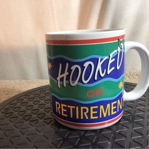 HOOKED ON RETIREMENT Blue Green Yellow Red Ceramic Coffee/Tea Mug pre-owned